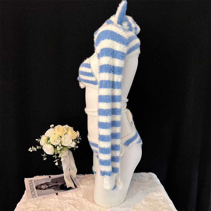 Fluffy Blue & White Stripe Cat Girl Cosplay Lingerie Set