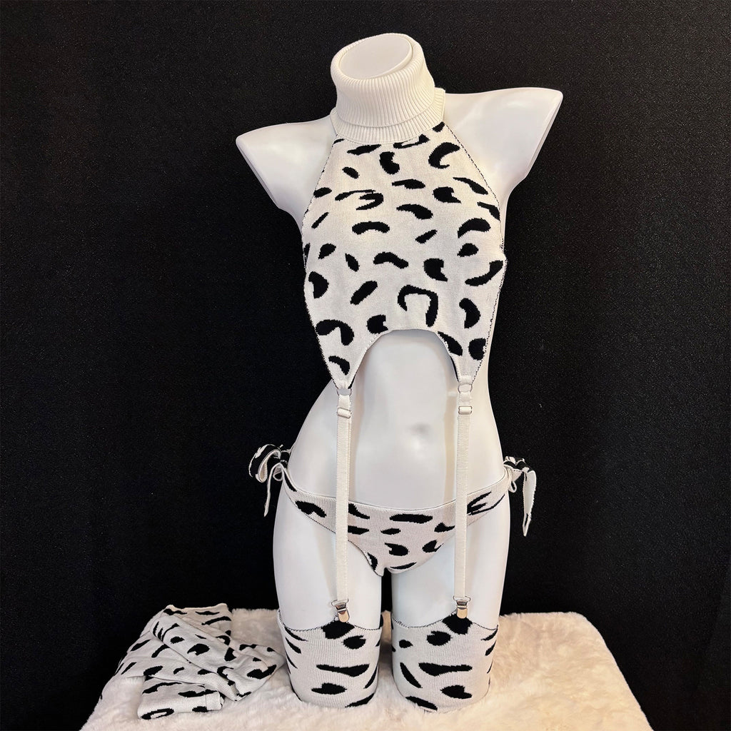 Knit Cow Print Lingerie Set