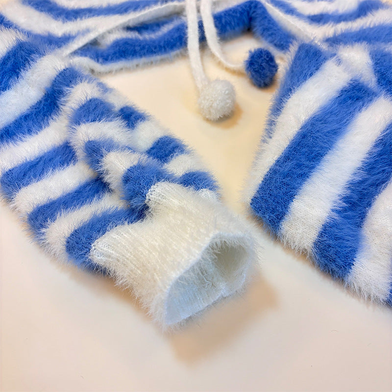 Fluffy Blue & White Stripe Cat Girl Cosplay Lingerie Set