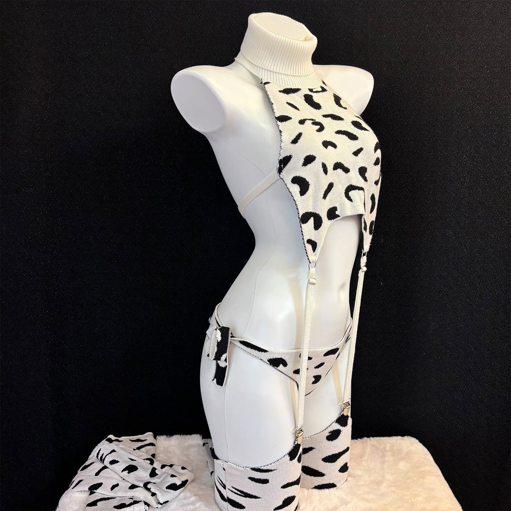 Knit Cow Print Lingerie Set