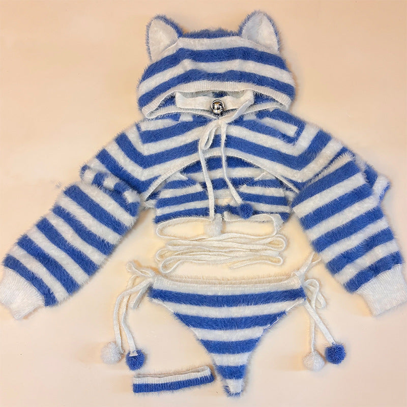 Fluffy Blue & White Stripe Cat Girl Cosplay Lingerie Set