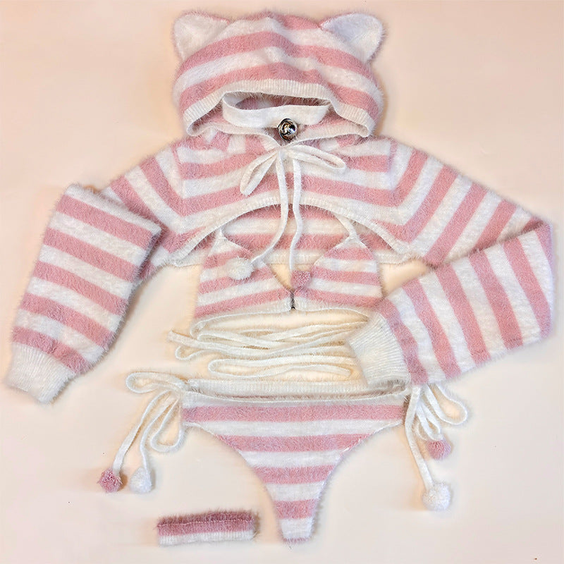 Fluffy Pink & White Stripe Cat Girl Cosplay Lingerie Set