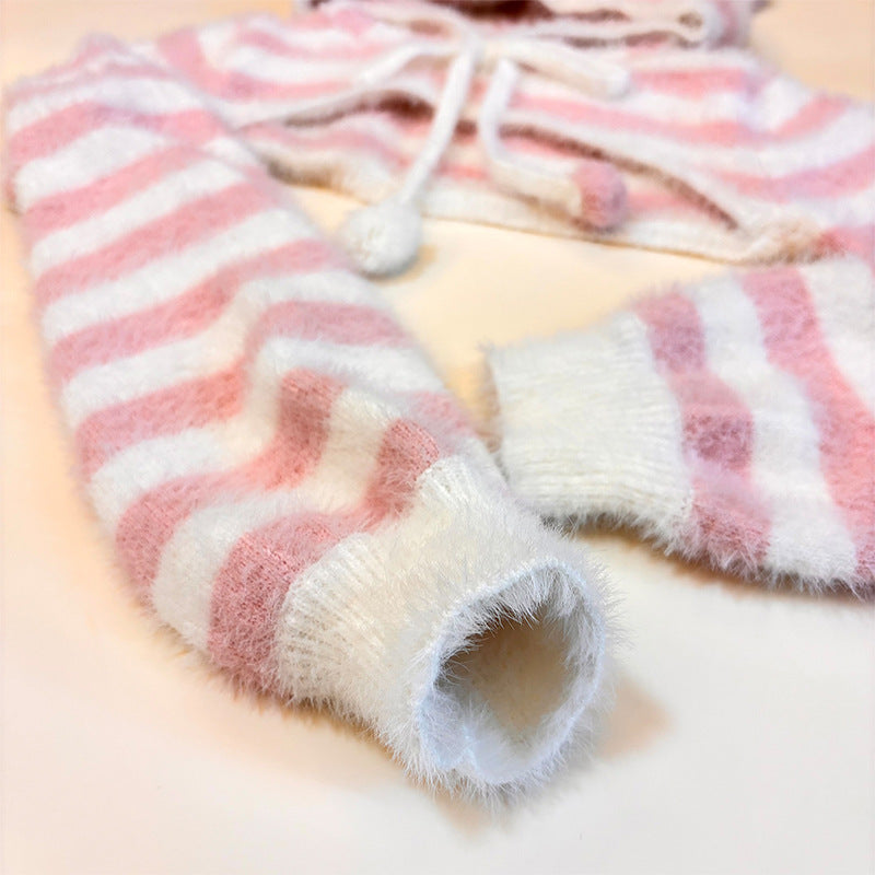 Fluffy Pink & White Stripe Cat Girl Cosplay Lingerie Set