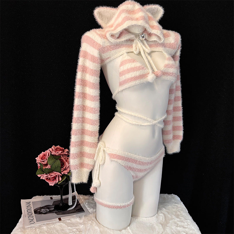 Fluffy Pink & White Stripe Cat Girl Cosplay Lingerie Set