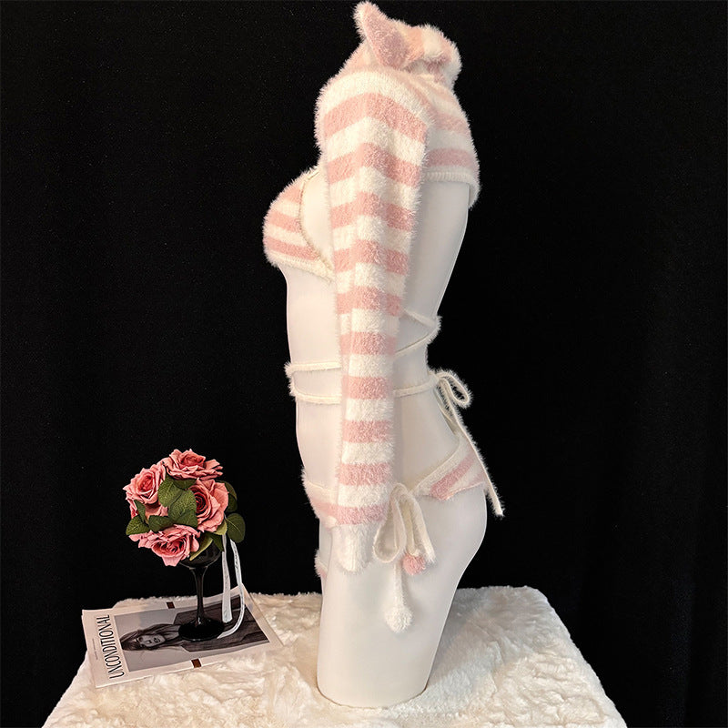 Fluffy Pink & White Stripe Cat Girl Cosplay Lingerie Set