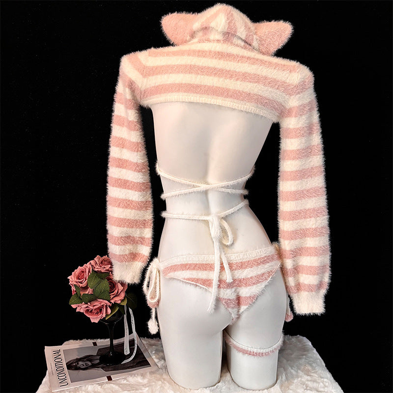 Fluffy Pink & White Stripe Cat Girl Cosplay Lingerie Set