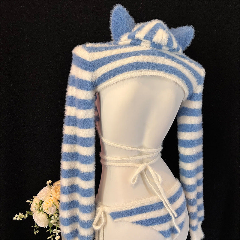 Fluffy Blue & White Stripe Cat Girl Cosplay Lingerie Set