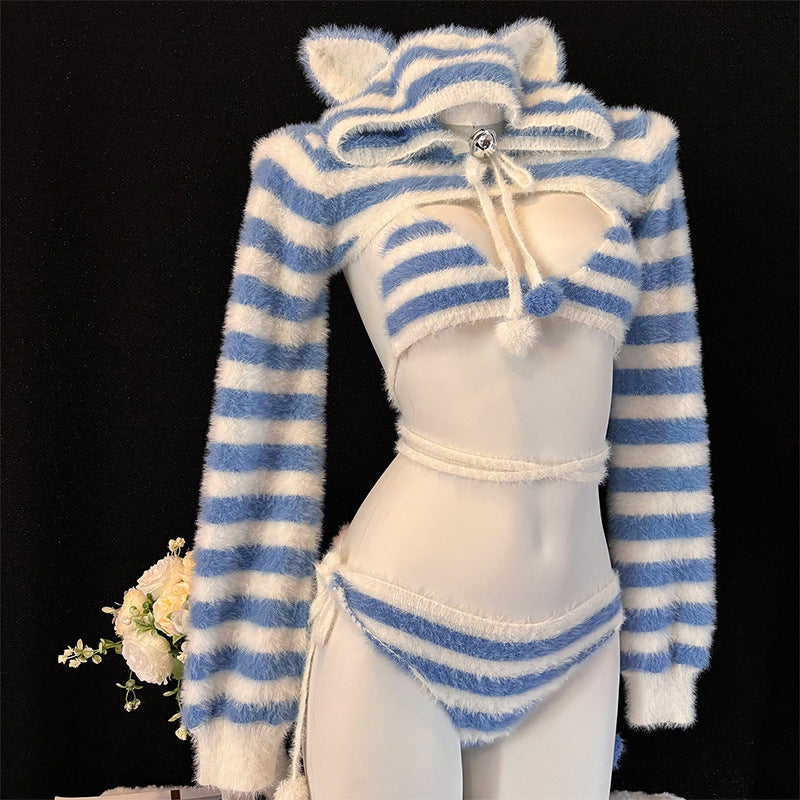 Fluffy Blue & White Stripe Cat Girl Cosplay Lingerie Set
