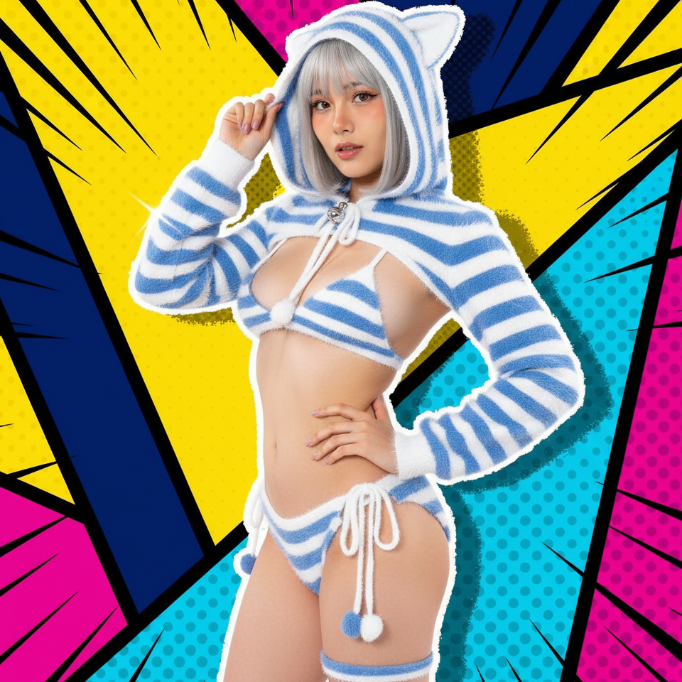 Fluffy Blue & White Stripe Cat Girl Cosplay Lingerie Set